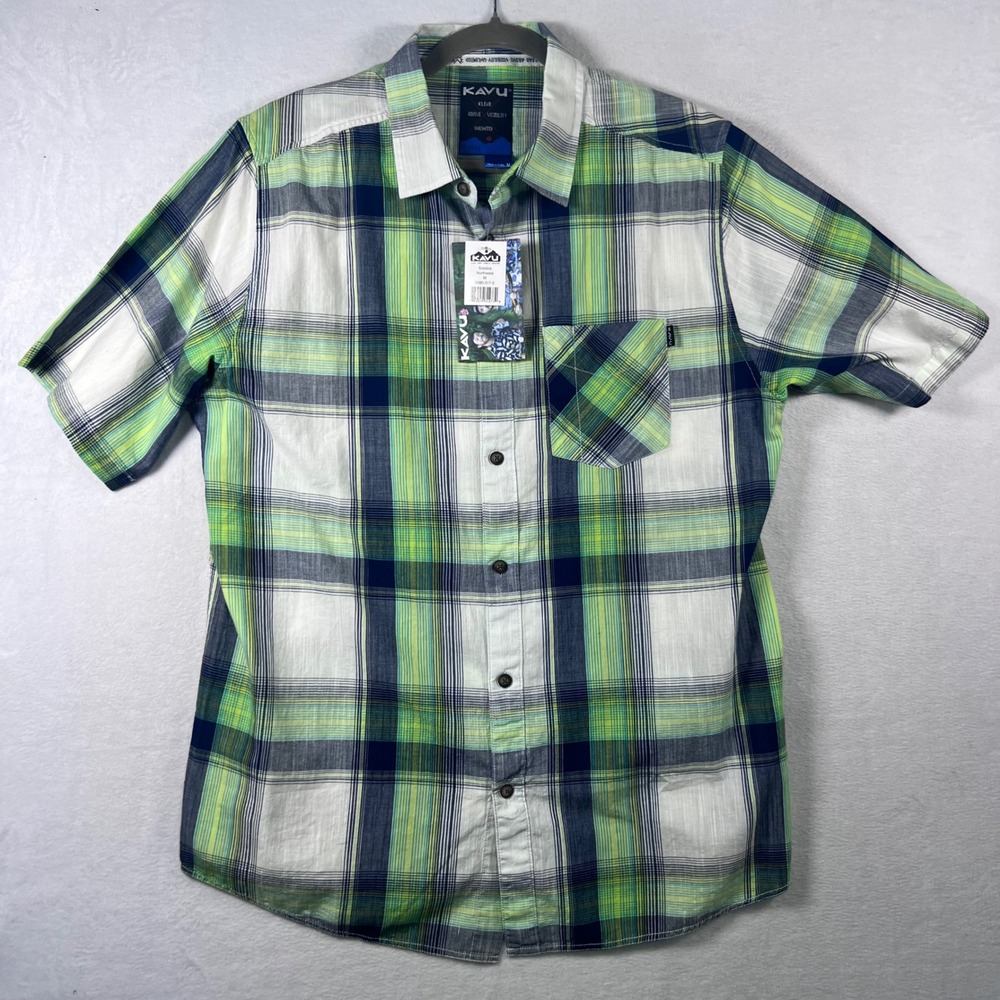 NWTs Kavu Solstice Northwest Mens M Plaid Short Sleeve Button Down Green Blue